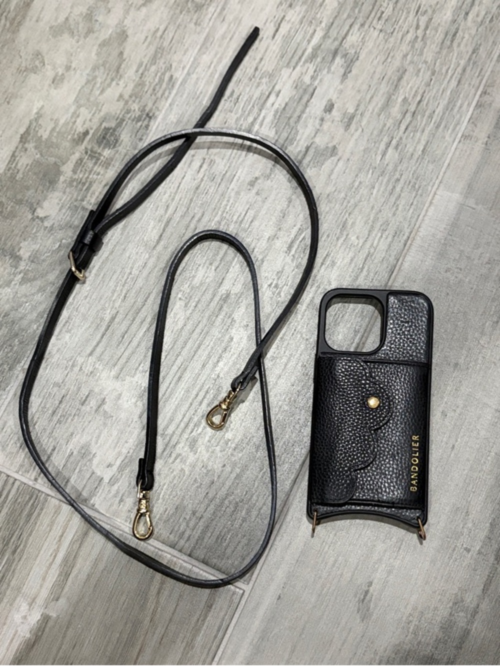 13 pro Bandolier Black Leather Phone Crossbody Case with Gold Hardware
